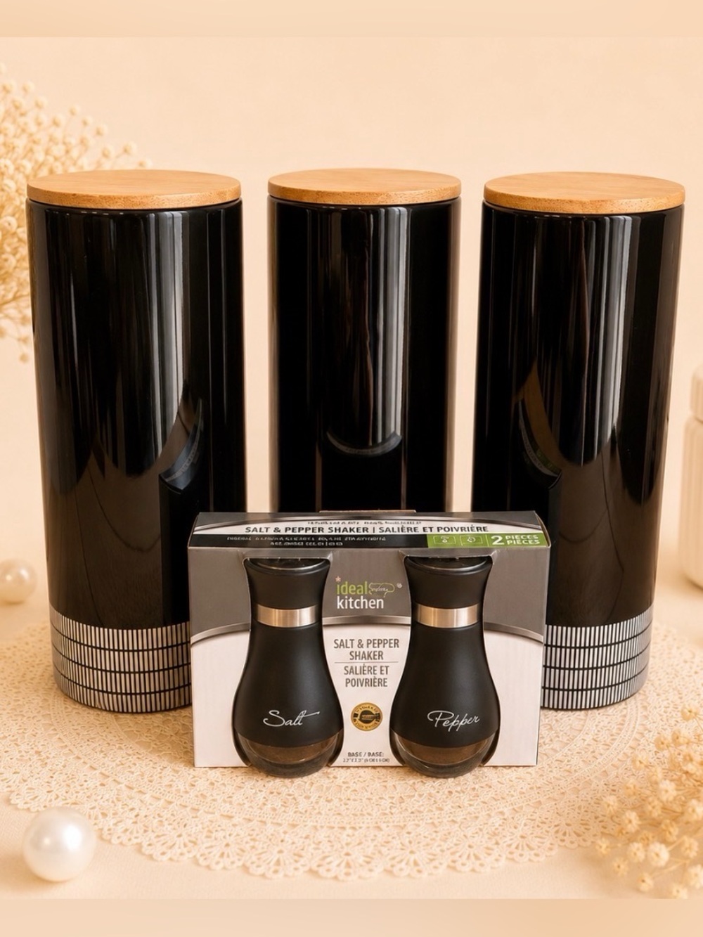 Set of 3 Black Ceramic Canister Set with Bamboo Lids and Salt & Pepper Shakers